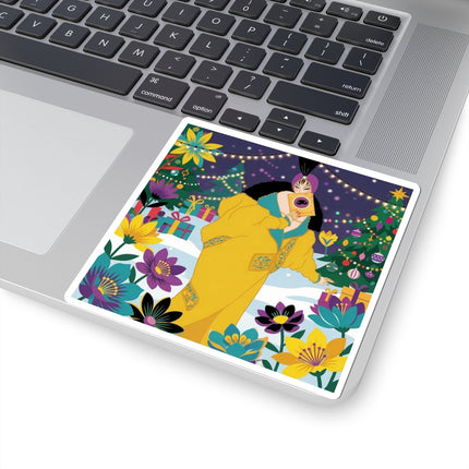 💛🎄 The Lady Of The Golden Christmas Cloak Kiss-Cut Sticker – Art Deco Holiday Fantasy