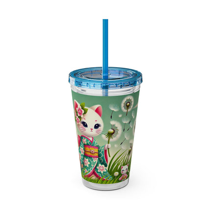 Geisha Kitten and the Dandelion Wish Sunsplash Tumbler with Straw, 16oz
