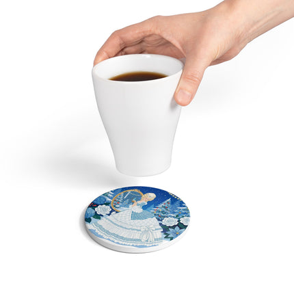 💙❄️ The Lady Of The Winter Looking Glass Ceramic Coaster – Art Deco Christmas Fantasy