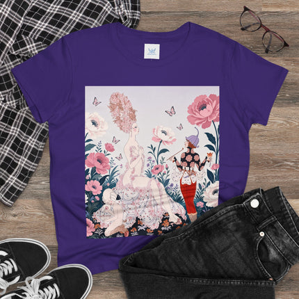 🌸🦋 The Enchanted Rose Garden Encounter Cotton Tee – Art Deco Floral Whimsy