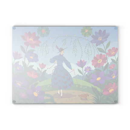 🌸🐕 The Lady Of The Flower Walk Glass Cutting Board – Art Deco Garden Elegance