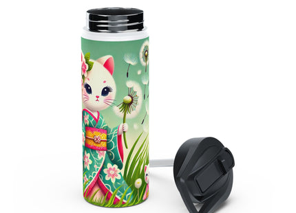 Geisha Kitten and the Dandelion Wish Stainless Steel Water Bottle, Standard Lid