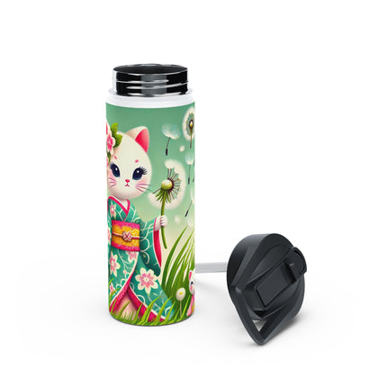 Geisha Kitten and the Dandelion Wish Stainless Steel Water Bottle, Standard Lid