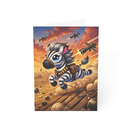🦓💥 The Little Zebra Battlefield Dash Greeting Card – Whimsical Animal Adventure