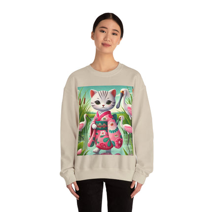 Geisha Kitten Strolls Among the Spoonbills  Unisex Heavy Blend™ Crewneck Sweatshirt