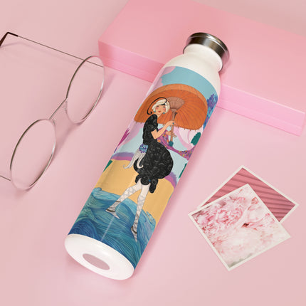 🌸☂️ The Lady With The Orange Parasol Slim Water Bottle – Art Deco Floral Whimsy