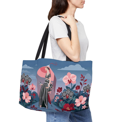 🌸🖤 The Striped Orchid Promenade Weekender Tote Bag – Art Deco Floral Fashion