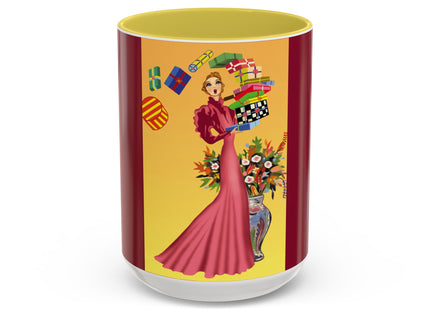 Elegant Holiday Woman with Gifts Colorful Mugs (11oz, 15oz)