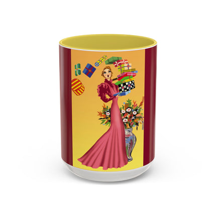 Elegant Holiday Woman with Gifts Colorful Mugs (11oz, 15oz)