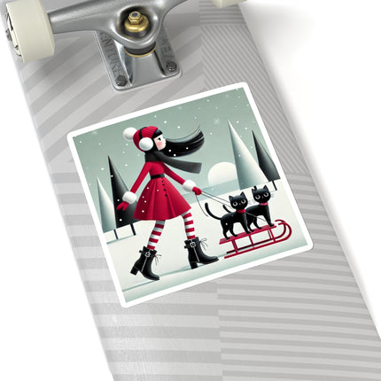 Red Sled & Curious Cats Kiss-Cut Stickers (4 Sizes)