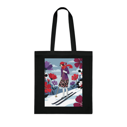 🎿🌺 The Winter Flower Skier Cotton Tote Bag – Art Deco Winter Fantasy