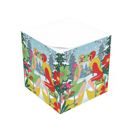 ☕🎄 Christmas Tea In The Snow Garden Note Cube – Art Deco Holiday Friendship