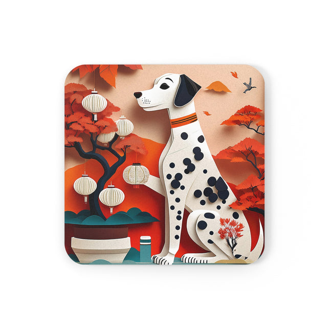 Dalmatian at an Autumn Bonsai Exhibition Cork Back Coaster