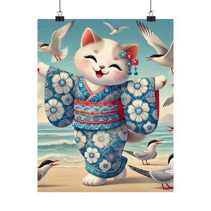 🌊🐱 Geisha Kitten by the Seaside Matte Vertical Poster – Coastal Charm & Ocean Breeze