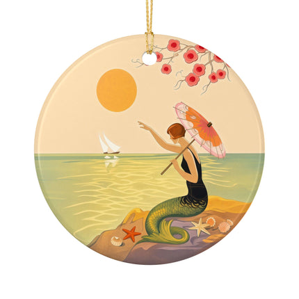 🧜‍♀️☂️ The Mermaid With The Parasol Ceramic Ornament – Art Deco Seaside Fantasy