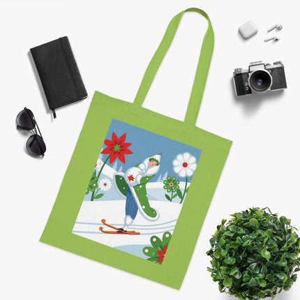 🎿🌺 The Winter Garden Skier Cotton Tote Bag – Colorful Winter Adventure