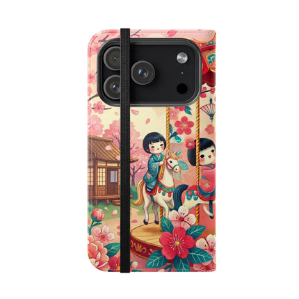 🎠🌸 Geisha Kitten's Enchanted Carousel Flip Case – Whimsical Dreams & Cherry Blossom Magic