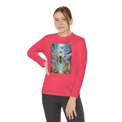 Neon Swarm Youth Long Sleeve Competitor Tee – Cyberpunk Flight & Futuristic Energy