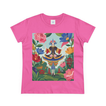 🌸🏯 The Pagoda Garden Enchantress Cotton Tee – Colorful Art Deco Fashion Fantasy