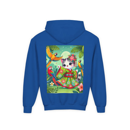 Parrot Dance of the Geisha Kitten Youth Hooded Sweatshirt – Tropical Joy & Whimsical Color