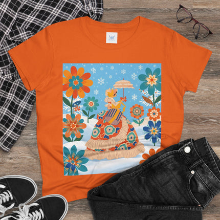 🌼❄️ The Winter Parasol Lady Cotton Tee – Art Deco Floral Fantasy