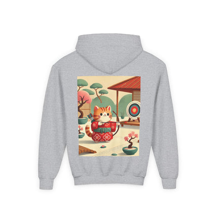 Archer Kitten in the Zen Garden Youth Hooded Sweatshirt – Calm Focus & Playful Strength