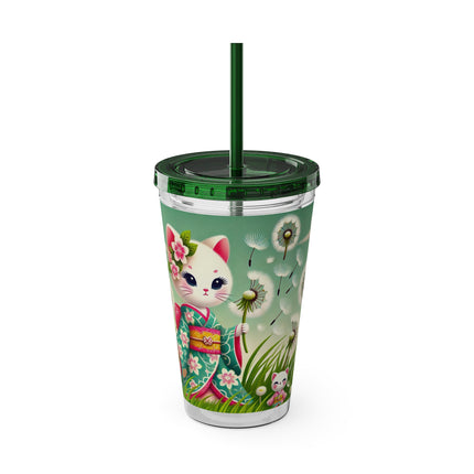 Geisha Kitten and the Dandelion Wish Sunsplash Tumbler with Straw, 16oz