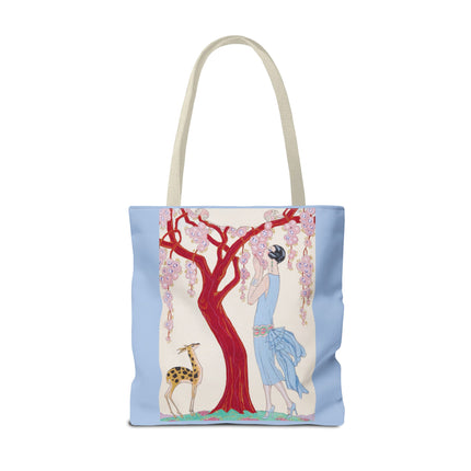 Woman, Fawn, and Red Tree by George Barbier Tote Bag (AOP)