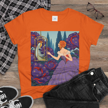 🦜💜 The Enchanted Birdcage Promenade Cotton Tee – Art Deco Floral Fantasy