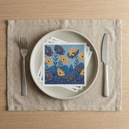 💙🌼 The Midnight Blue And Golden Blossom Garden Napkins – Whimsical Botanical Floral Art