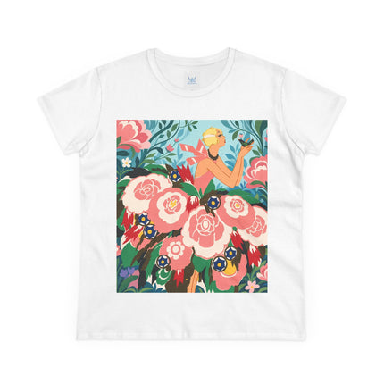 🌸🐦 The Girl Of The Little Birds Cotton Tee – Art Deco Floral Whimsy