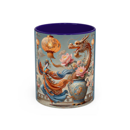 Golden Dragon & Lantern Lady Colorful Mug – Imperial Dragon & Elegant Harmony
