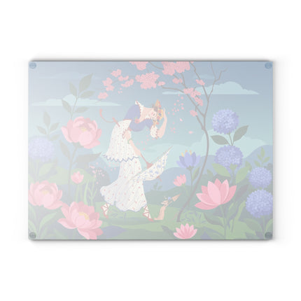 🌸☂️ The Lady Of The Falling Cherry Blossoms Glass Cutting Board – Art Deco Garden Fantasy