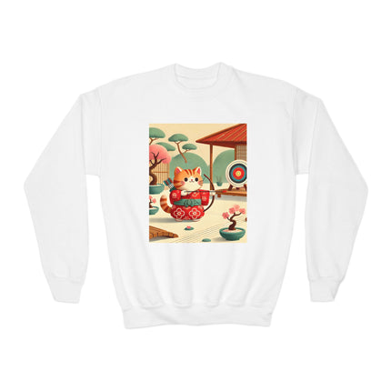 Archer Kitten in the Zen Garden Youth Crewneck Sweatshirt – Focus, Calm & Playful Precision