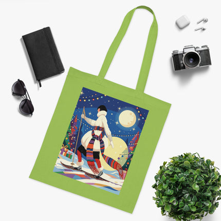 🎿🌙 The Moonlit Christmas Skier Cotton Tote Bag – Art Deco Holiday Adventure