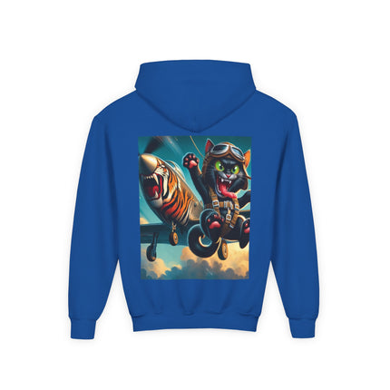 Parachuting Cat Commando Youth Hooded Sweatshirt – Action, Adventure & Wild Imagination
