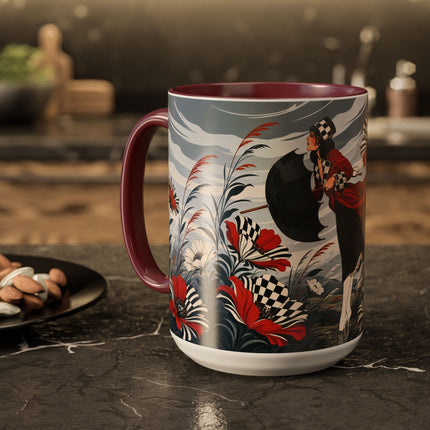 ☔🌹 The Scarlet Checkerboard Rainstorm Colorful Mug – Art Deco Floral Elegance