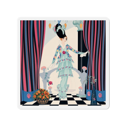 🌹🎭 The Lady Between The Curtains Die-Cut Magnets – Art Deco Floral Theatre