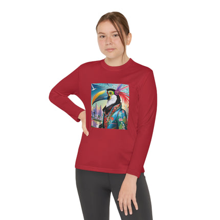Cyber Toucan Chic Youth Long Sleeve Competitor Tee – Neon Feathers & Futuristic Style