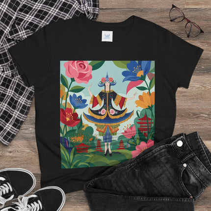 🌸🏯 The Pagoda Garden Enchantress Cotton Tee – Colorful Art Deco Fashion Fantasy