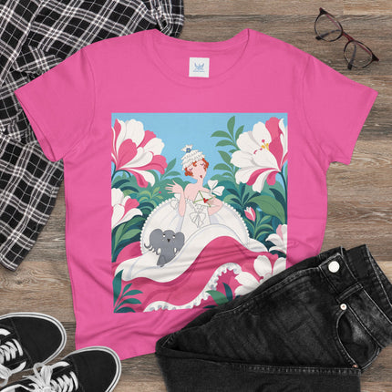 🌸🐘 The Pink Blossom Companion Cotton Tee – Art Deco Floral Whimsy