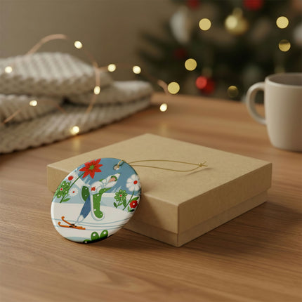 🎿❄️ The Winter Garden Skier Ceramic Ornament – Whimsical Holiday Fantasy
