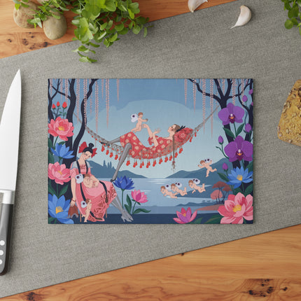 🌸🪽 The Garden Of Little Cupids Glass Cutting Board – Art Deco Floral Fantasy
