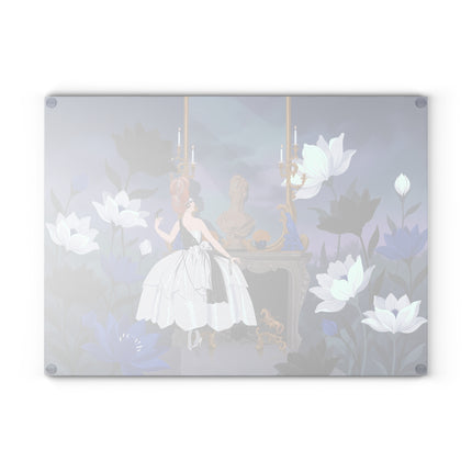 🖤💙 The Lady Of The Midnight Blue Salon Glass Cutting Board – Art Deco Floral Elegance