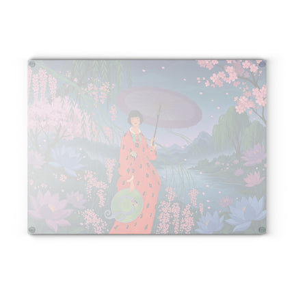 🌸☂️ The Lady Of The Lotus Garden Glass Cutting Board – Art Deco Oriental Floral Elegance