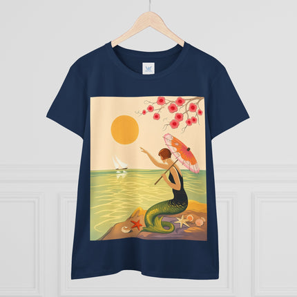 🧜‍♀️🌸 The Mermaid Beneath The Blossoms Cotton Tee – Art Deco Seaside Fantasy