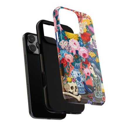 Floral Vanitas Phone Case – Parrot & Porcelain Splendor