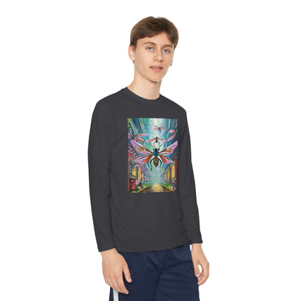 Neon Swarm Youth Long Sleeve Competitor Tee – Cyberpunk Flight & Futuristic Energy