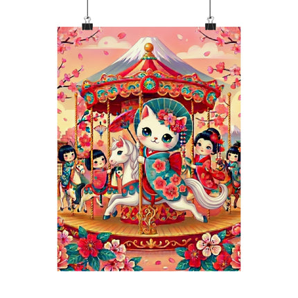 🎠🌸 Geisha Kitten's Enchanted Carousel Ride Matte Vertical Poster – Whimsical Dreams & Cherry Blossom Magic