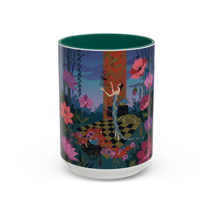 The Lady And The Midnight Birdcage Colorful Mugs – Art Deco Botanical Elegance